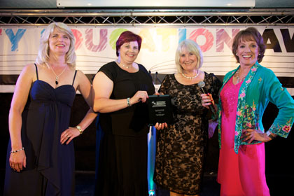 Carole Robinson (left) from Community Initiatives Associates and Esther Rantzen CBE present Angela Wood and Lorna McDonald with The Umbro Sports Community Project Award | Community Education Awards with Community Initiative Associates