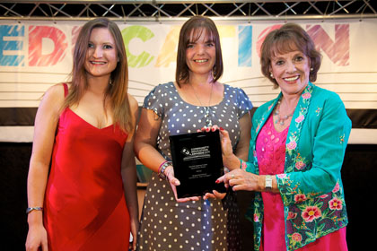 Sharon Tooms (centre) receives The IHG Inspiring Career Opportunity Award from Natalie Guy (Community Initiatives Associates) and Esther Rantzen CBE | Community Education Awards with Community Initiative Associates