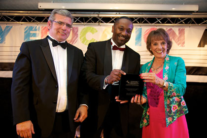 The Allianz Insurance Action Against Anti-Social Behaviour Project Award is presented to Jason Smith (centre) by Steve Jackson (Head of Customer Relations, Community Initiatives Associates) and Esther Rantzen CBE | Community Education Awards with Community Initiative Associates